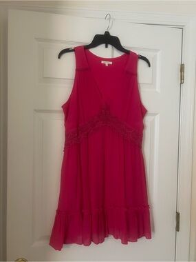 Women's Hot Pink Sleeveless Midi Dress with Lace Trim